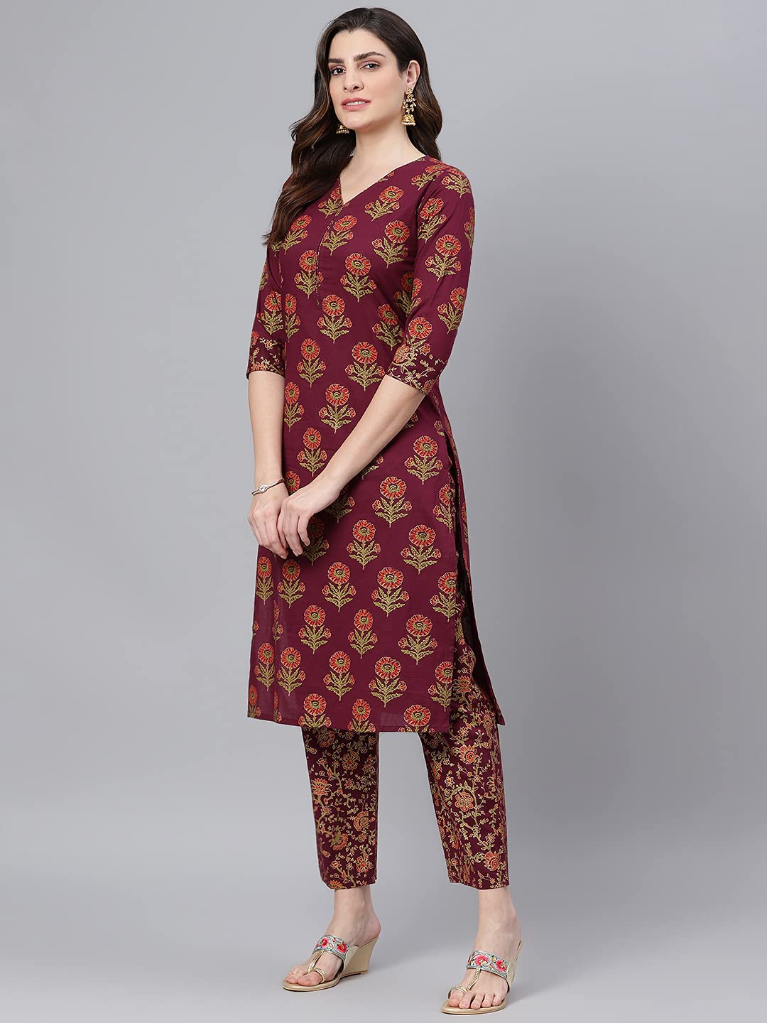 Idalia WomenS Maroon Gold Printed Straight Cotton Kurta Set With Pant And Dupatta For Women