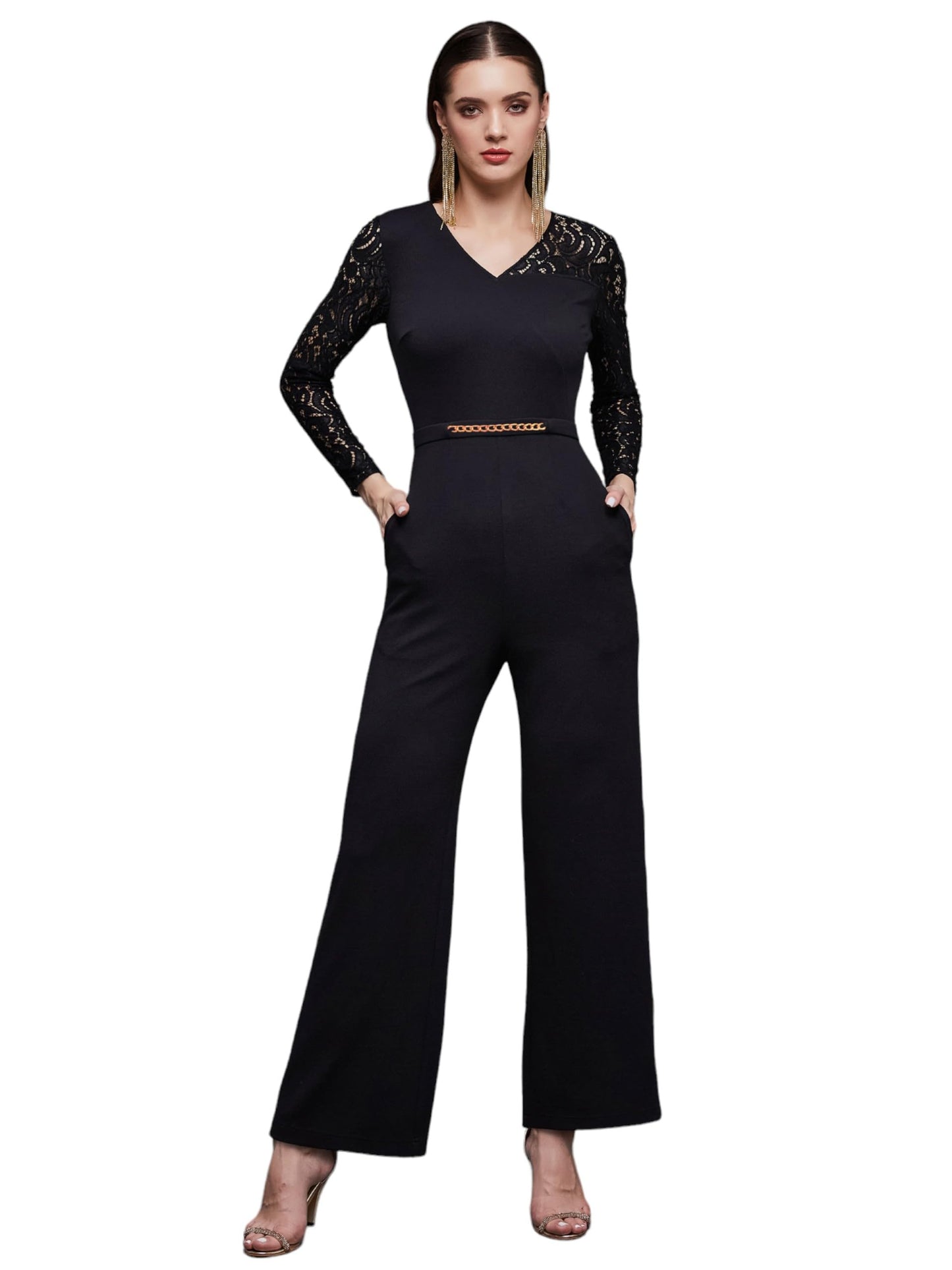 Miss Chase Womens V Neck Full Sleeve Self Designed Asymmetric Regular Length Jumpsuit (MCSS24D19-15-62-07, Black, 2XL)