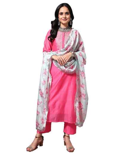 Varanga Women Pink Floral Embroidered Regular Chanderi Silk Kurta With Trousers & With Dupatta