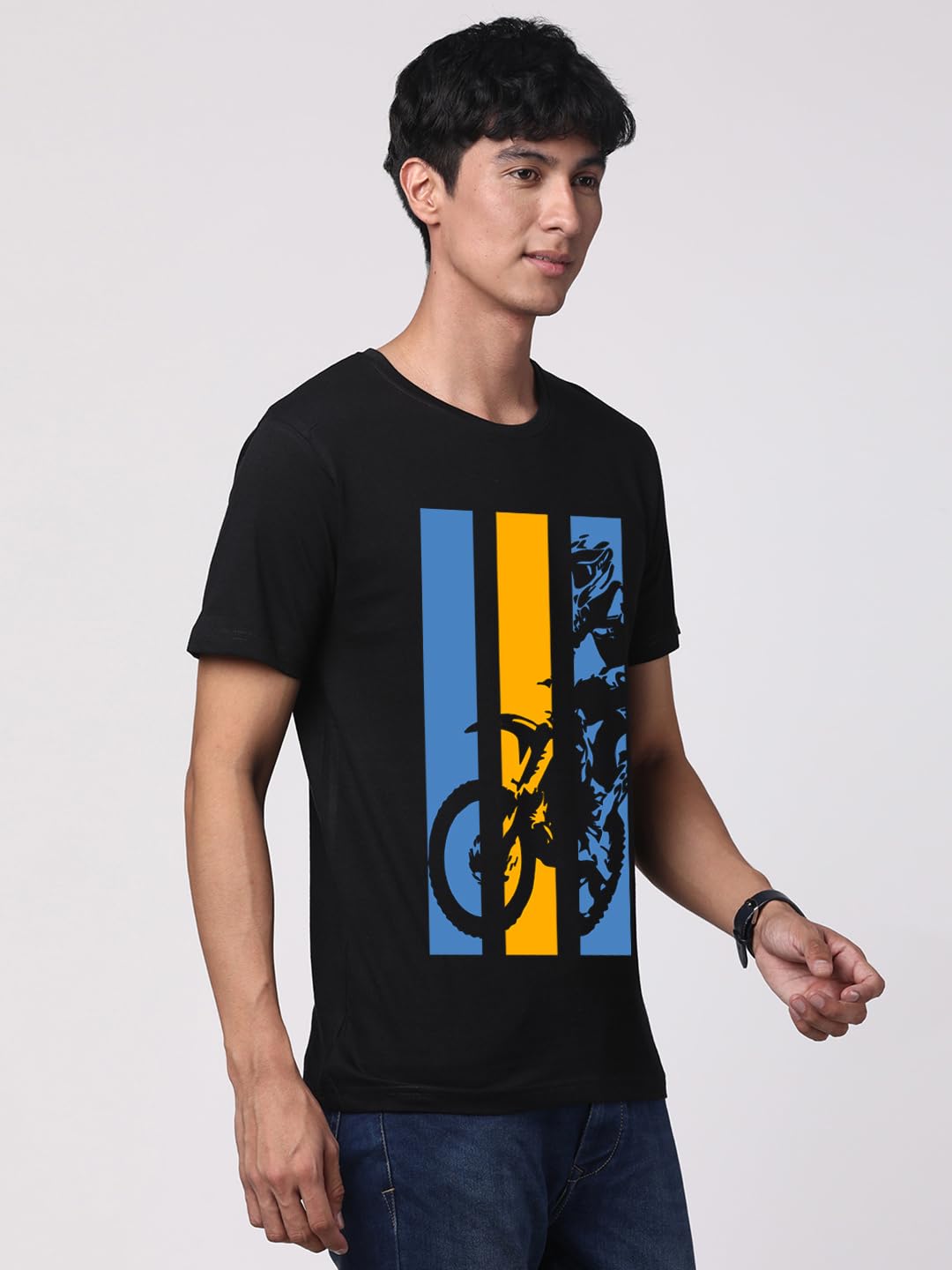 ADRO Men's Bike Rider Printed Cotton T-Shirt (RN23-M-BIK-BL_Black)