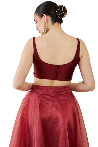 Soch Womens Maroon Taffeta Solid Sleeveless Padded Blouse