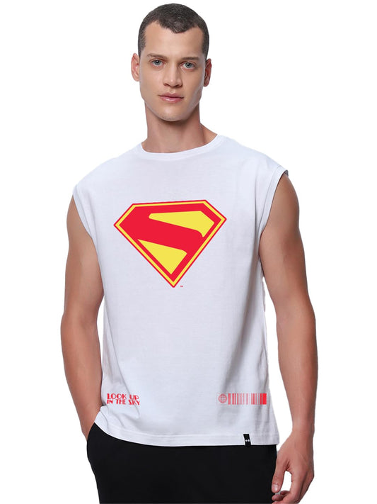 Bewakoof Official DC Merchandise Mens Graphic Print Oversized Fit Sleeveless Round Neck Pure Cotton Vest_683960_White_M