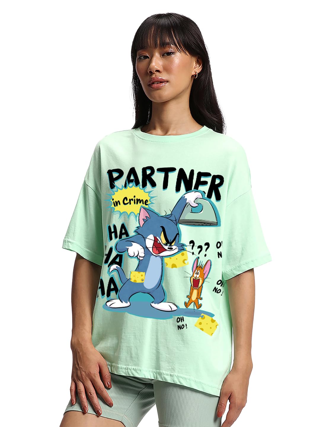 Bewakoof Official Tom & Jerry Merchandise Tom & Jerry Womens Graphic Print Oversized Fit Half Sleeve Round Neck Cotton T-Shirt_