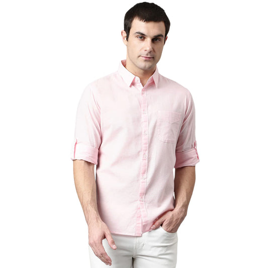 Dennis Lingo MenS Cotton Solid Slim Fit Casual Shirt With Pocket, Roll Up Full Sleeve Shirt For Formal & Casual Wear (C615_Pink