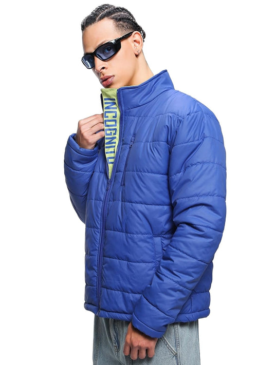 Bewakoof MenS Solid Oversized Fit Full Sleeve Stand Collar Nylon Puffer Jacket_498939_Blue_L