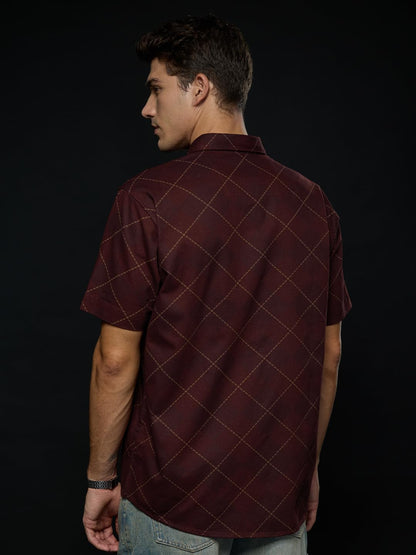 The Souled Store Harry Potter: Gryffindor Argyle Collared Neck Button Front Red Embroidered Regular Fit Cotton Half Sleeve Shirt