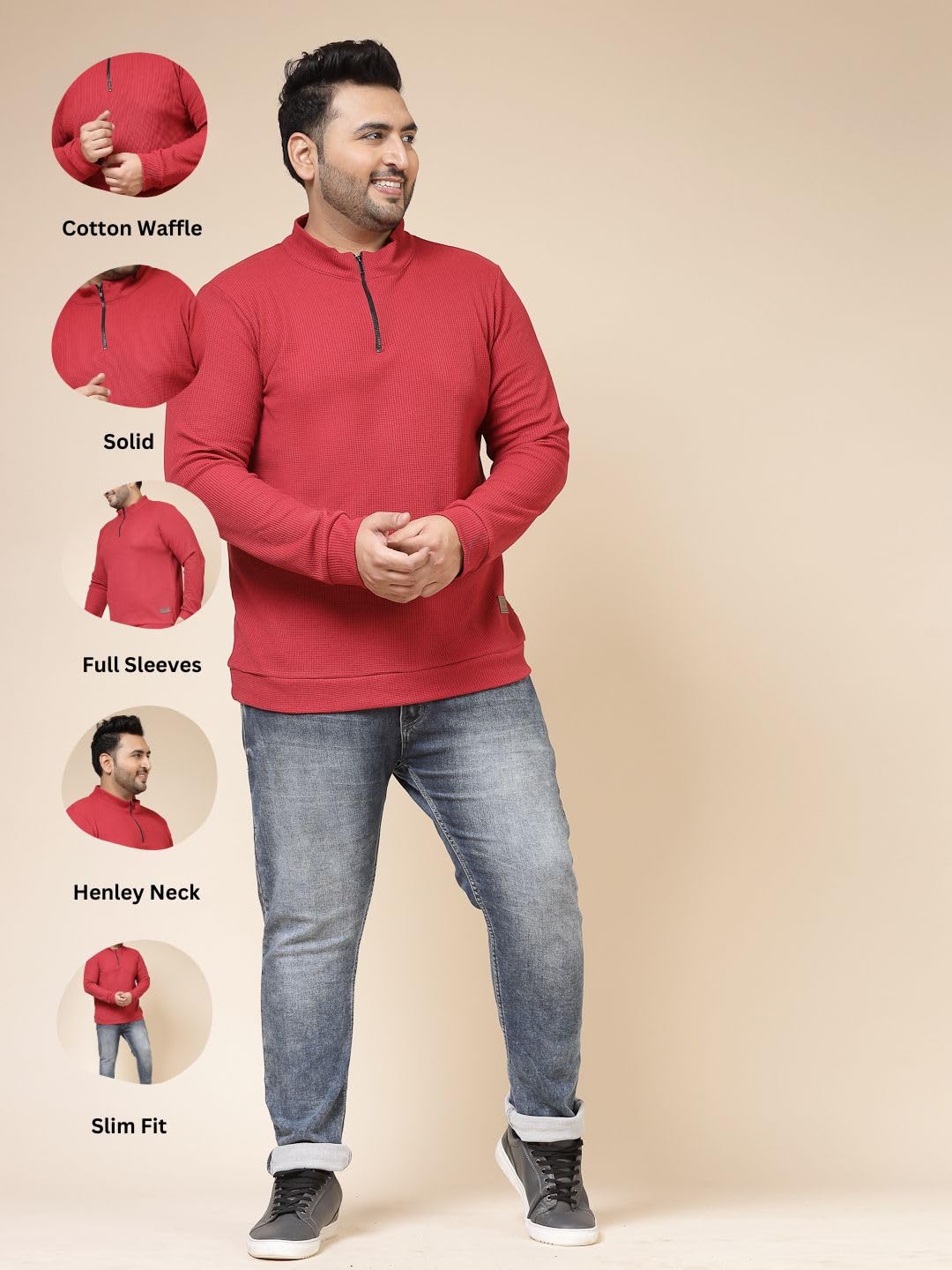 Rigo Waffle Knit Solid Plus Size T-Shirt for Men | Full Sleeves T-Shirt | Solid T-Shirts for Man | Stylish, Casual Wear Plus Siz
