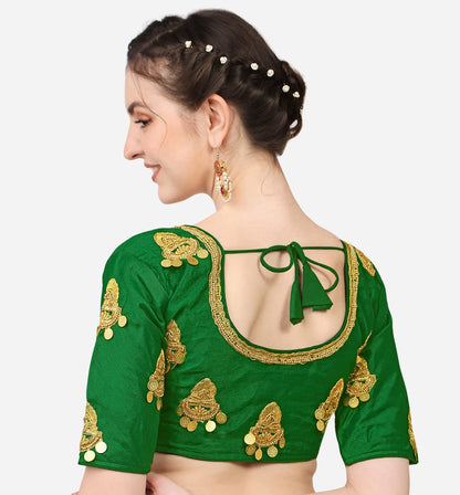 Pujia Mills WomenS Silk Embroidery Maggam Lakshmi Coin Work Readymade Saree Blouse