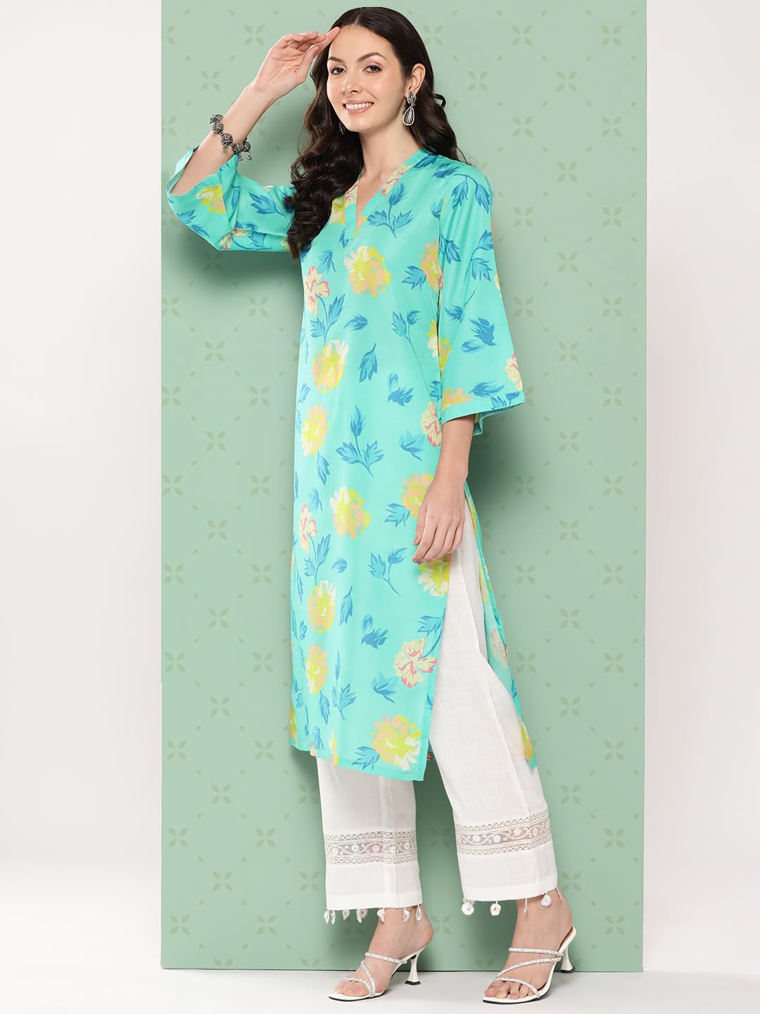 Varanga Women Turqouise Blue Floral Printed Straight Kurta Withthree Quarter Bell Sleeves