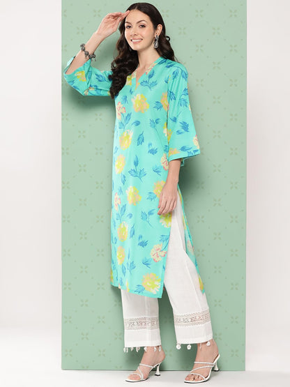 Varanga Women Turqouise Blue Floral Printed Straight Kurta Withthree Quarter Bell Sleeves