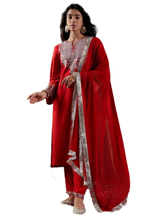 Varanga Women Red Embroidered Straight Kurta Paired with Tonal Bottom and Dupatta