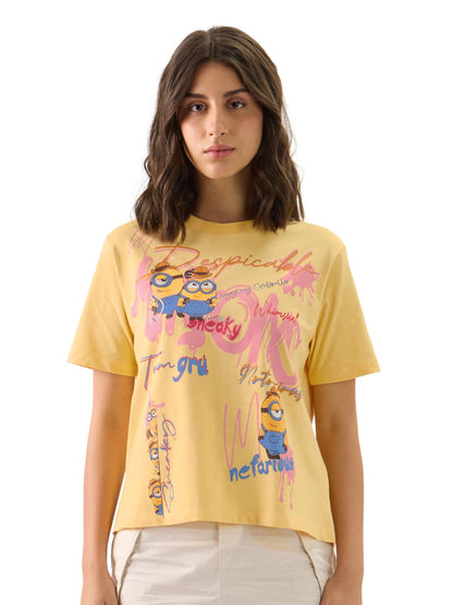 The Souled Store Official Minions: Notorious Women and Girls Short Sleeve Round Neck Yellow Graphic Printed Cotton Regular Fit T