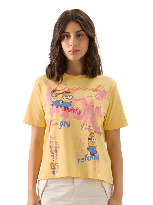 The Souled Store Official Minions: Notorious Women and Girls Short Sleeve Round Neck Yellow Graphic Printed Cotton Regular Fit T