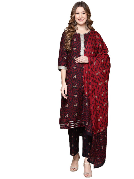 anubhutee Women's Cotton Black Gotta Patti Ethnic Print Straight Kurta Suit Set With Pants And Dupatta