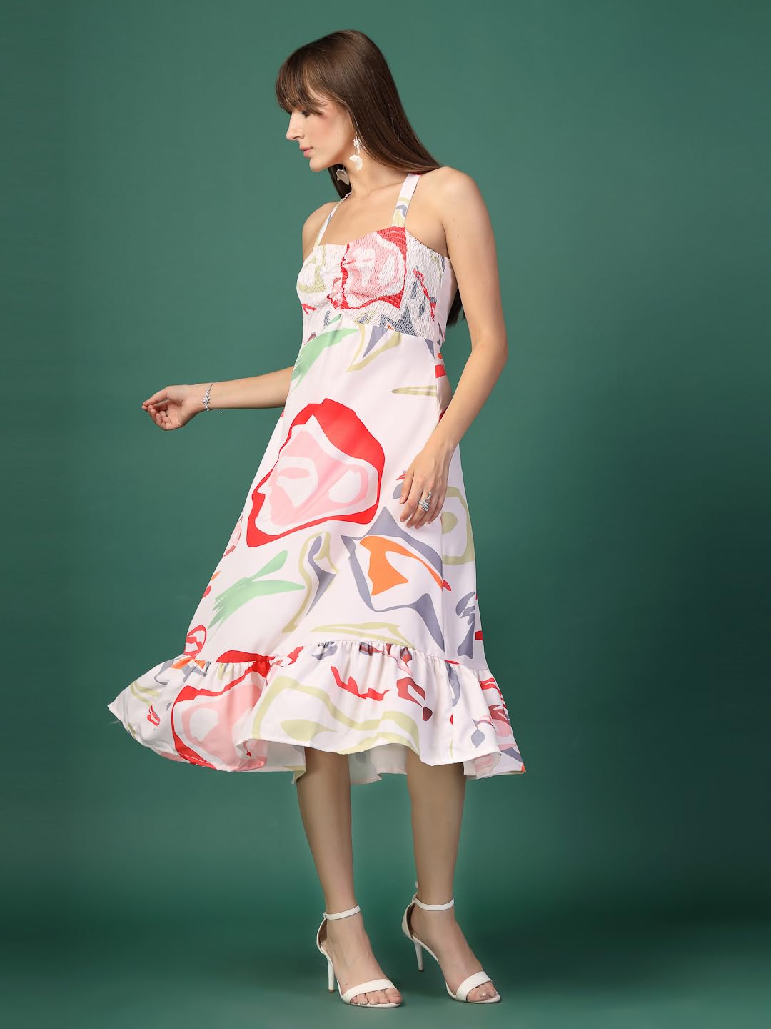 Oomph! WomenS Western & Fusion Wear Printed Crepe Dress For Women, Smocked Bodice, White - Md1053