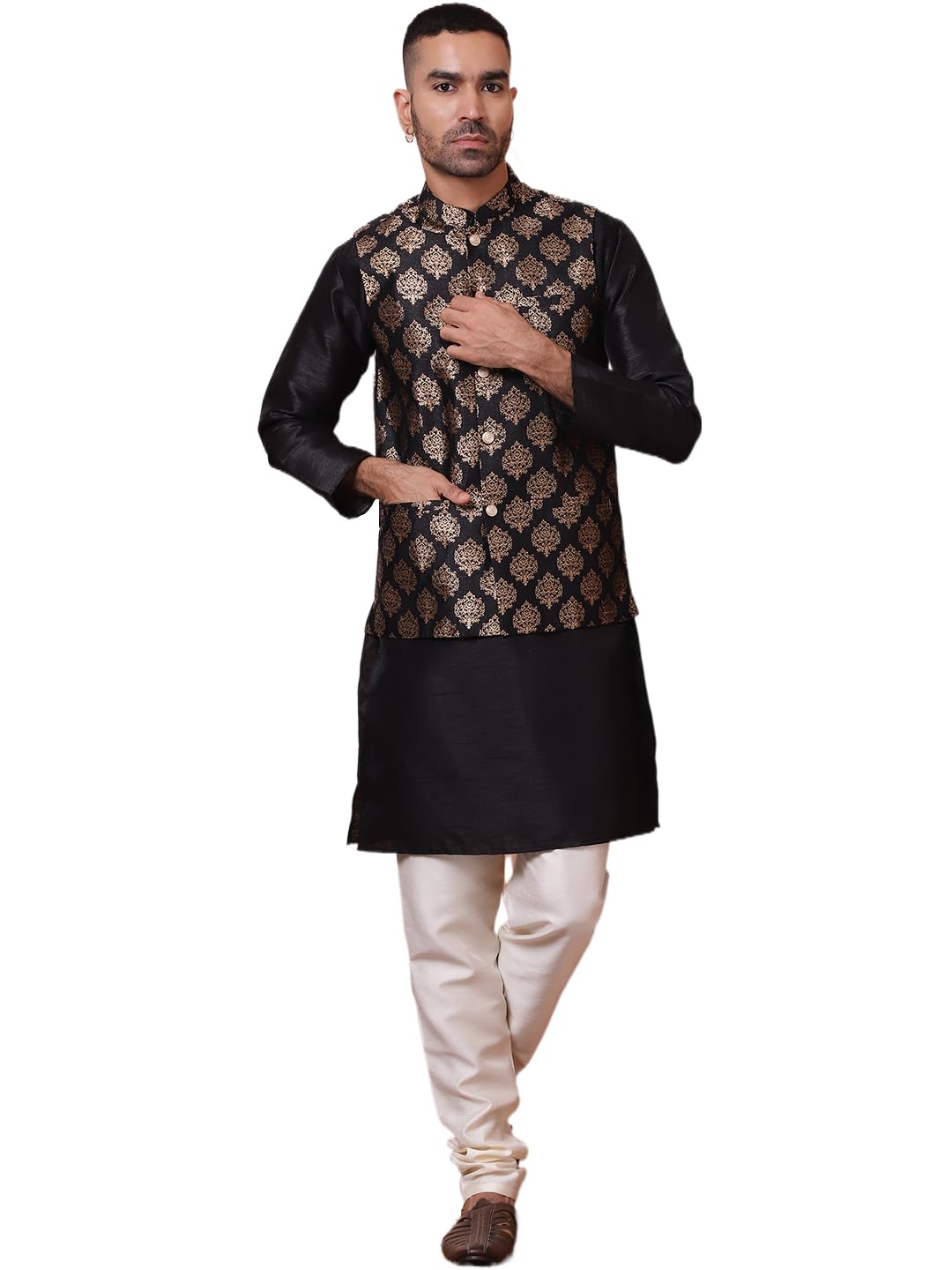 Jompers Mens Printed Nehru Jacket With Solid Kurta Pyjama Set