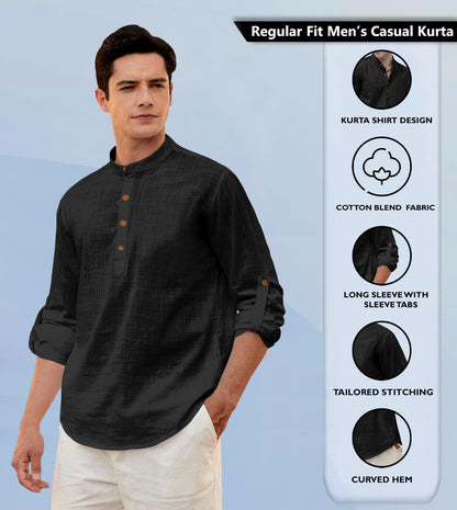 Zombom MenS Solid Cotton Blend Straight Kurta Shirt, Regular Fit Full Sleeve Short Kurta Shirt Black