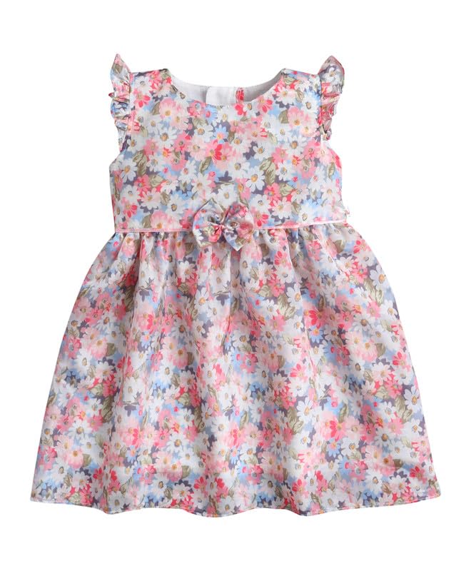 Bumzee Baby Girls Polyester Cap Sleeves Floral Print Knee Length Frock/Dress Light Pink - 6-12 Months (Peb11219D-Lpk)