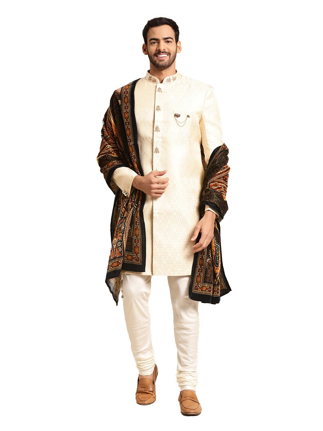 Kisah Sherwani Set With Dupatta For Men  Textured Silk Blend Jacquard Sherwani, Churidar & Dupatta | Traditional Indian Outfit F