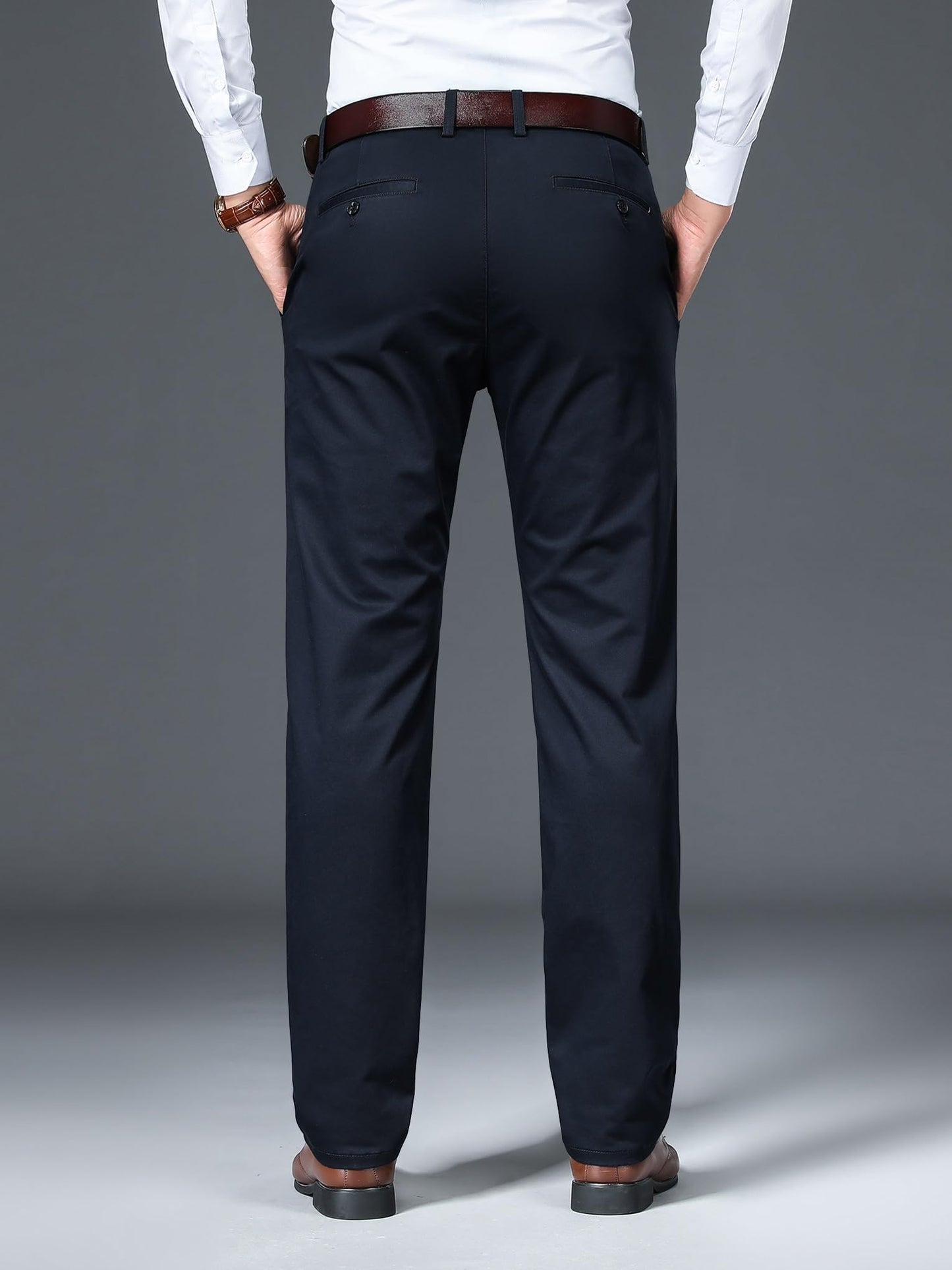 AVANOVA Mens Solid Navy Blue Mid Rise Trousers Light Business Style Slightly Stretch Straight Leg Pants for Outdoor Casual Dail