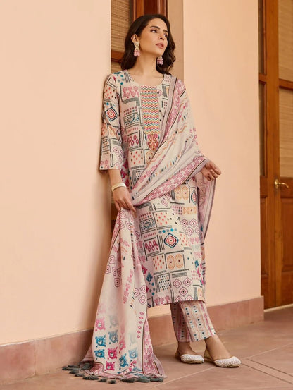 Fashion Basket Cotton Printed Kurta Set For Women Beige