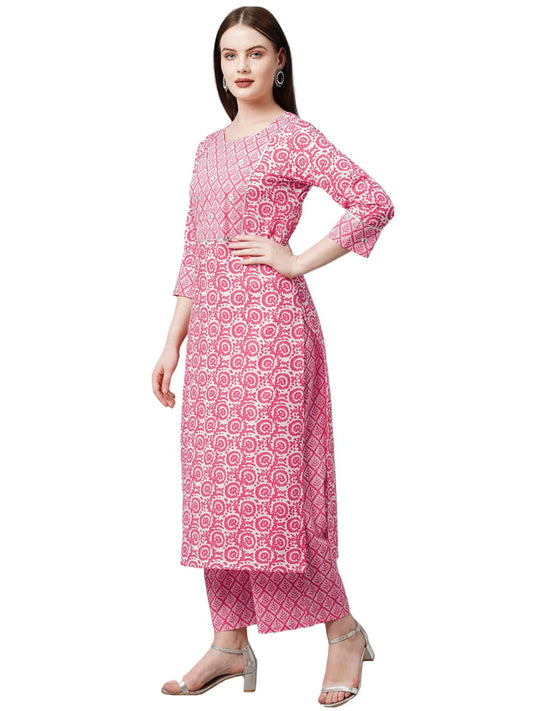 GoSriKi Women's Cotton Blend Traditional Straight Printed Kurta and Palazzo Set (Valab-GS)