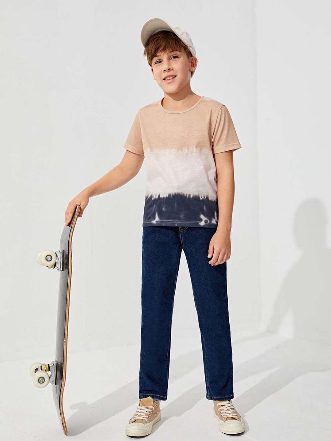 Kotty Boys Straight Fit Cotton Lycra Blend Solid Jeans Denim Blue