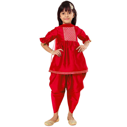 A.T.U.N. (All Things Uber Nice) Girls Pleated Gotta Patti Kurti With Dhoti Pants & Dupatta