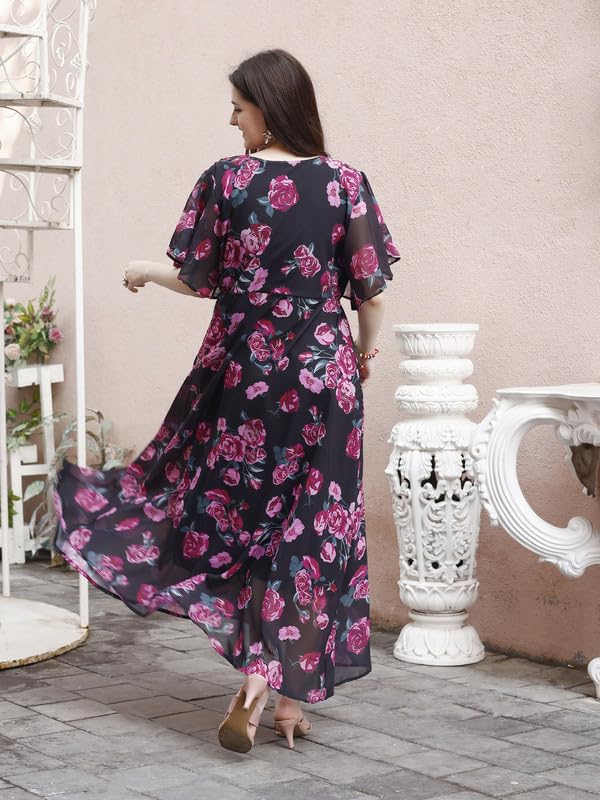 Smowkly WomenS Georgette Floral Printed Indo-Western Ethnic Gown || Half Sleeve V Neck Fit & Flare Flared Hem Design || A-Line