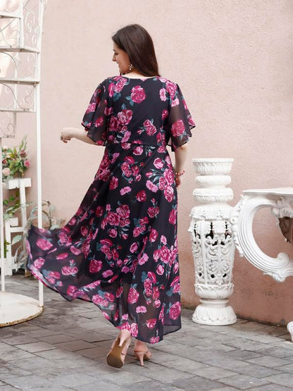Smowkly WomenS Georgette Floral Printed Indo-Western Ethnic Gown || Half Sleeve V Neck Fit & Flare Flared Hem Design || A-Line