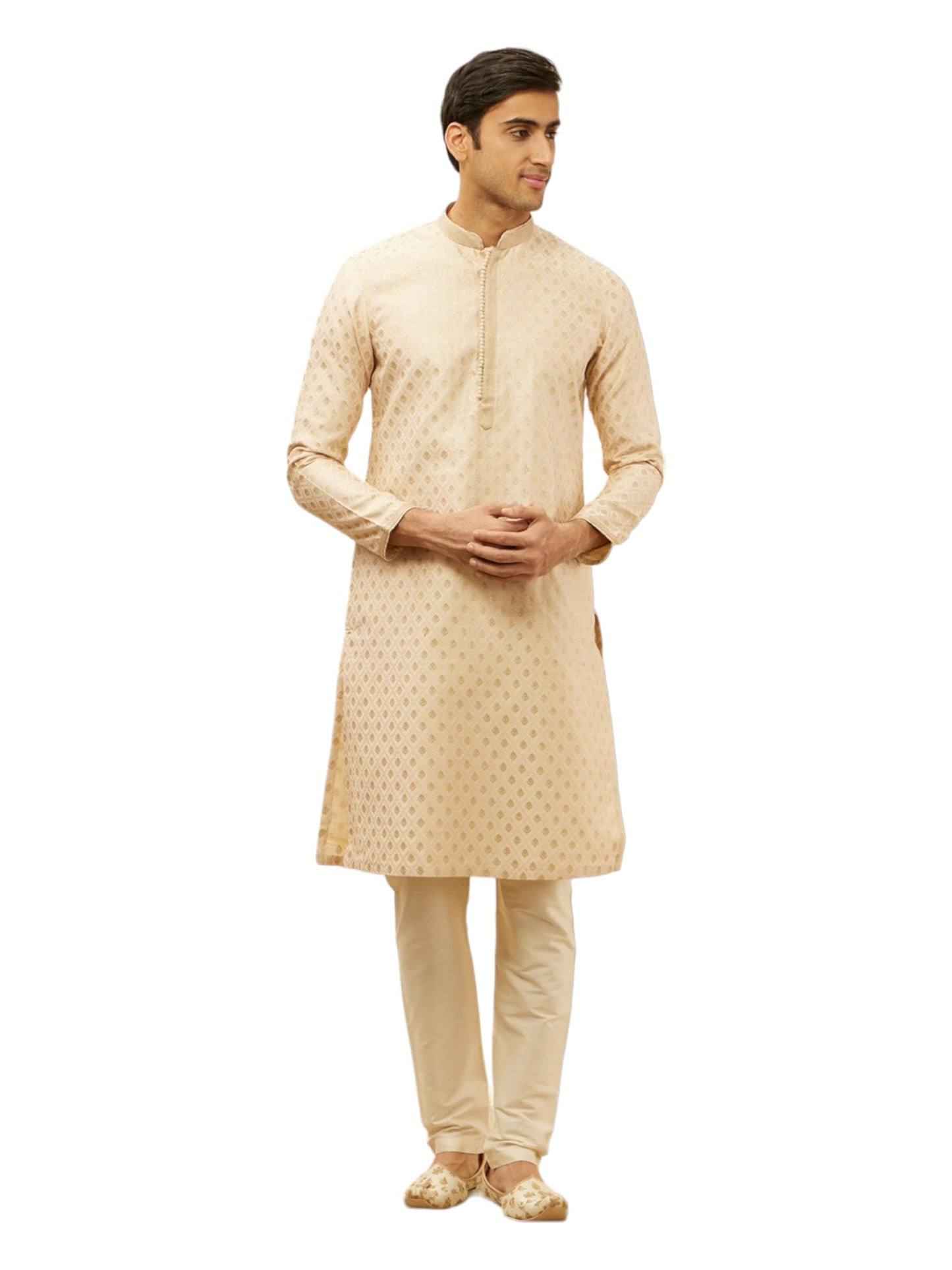 Manyavar Mens Beige Art Silk JACQUARD Kurta Pyjama Set