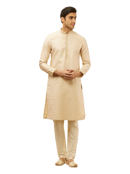 Manyavar Mens Beige Art Silk JACQUARD Kurta Pyjama Set