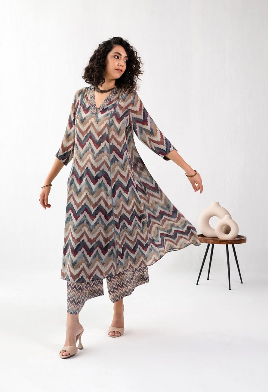Toochki WomenS Grey Zig-Zag Print Printed Rayon Stitched Salwar Suit Set | Salwar Suit Set For Women | A Line Salwar Suit Set |