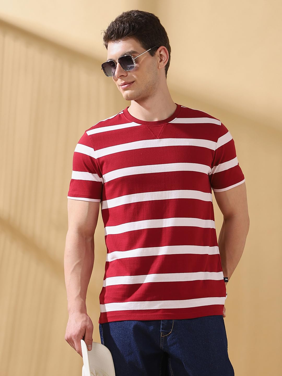 Dennis Lingo Cabernet Stripes Round Neck Half Sleeves Regular Fit T-Shirts For Men