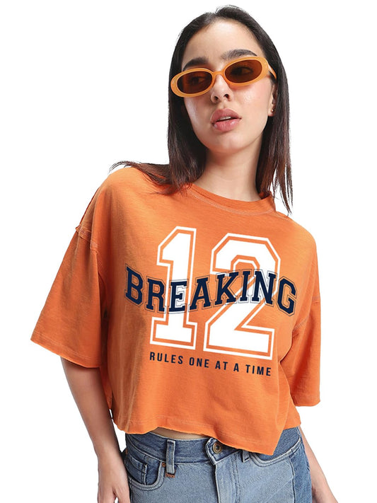Bewakoof Womens Typography Oversized Fit Half Sleeve Round Neck Cotton Short Top_662728_Orange_M