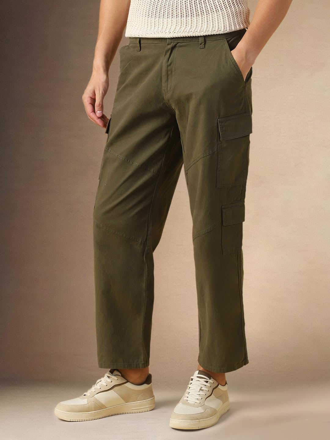 Dennis Lingo Mens Olive Solid Cotton Loose Fit Cargo Trouser