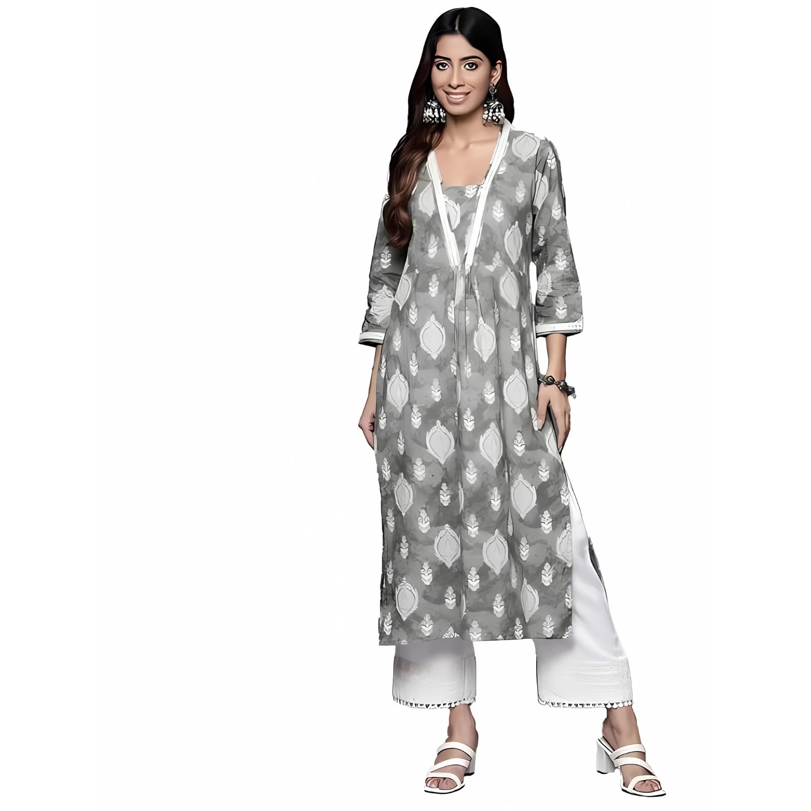 Varanga Women Grey Printed V-Neck Lace Embellished Straight Kurta - Traditional Ethnic Wear, Comfortable & Stylish For Casual &