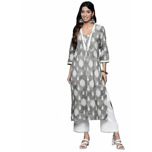 Varanga Women Grey Printed V-Neck Lace Embellished Straight Kurta - Traditional Ethnic Wear, Comfortable & Stylish For Casual &