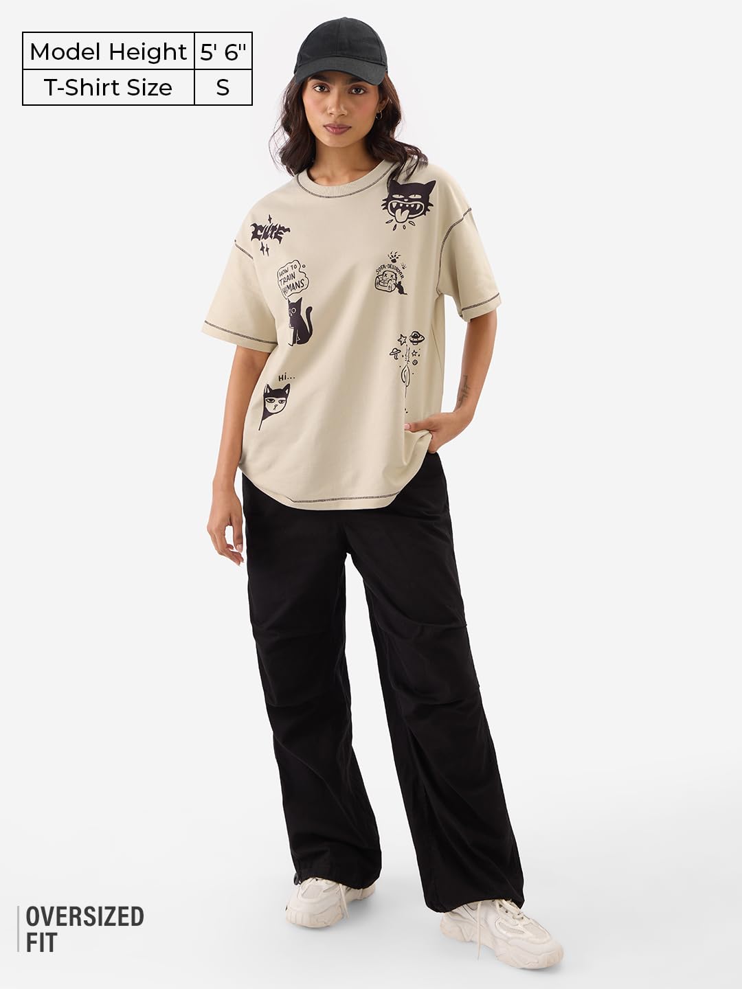 The Souled Store Ted The Stoner: Cat Displaced Women and Girls Short Sleeves Round Neck Brown Graphic Printed Cotton Oversized T