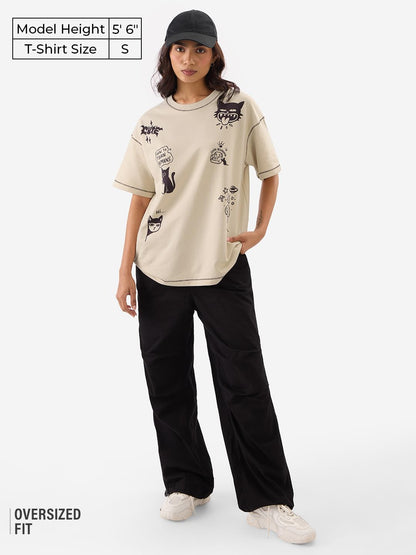 The Souled Store Ted The Stoner: Cat Displaced Women and Girls Short Sleeves Round Neck Brown Graphic Printed Cotton Oversized T