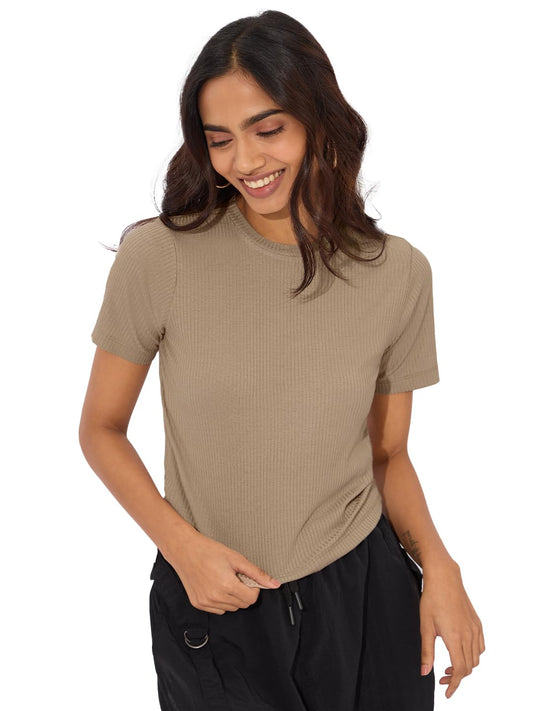 The Souled Store Solids: Classic Beige Women and Girls Short Sleeves Round Neck Polyester Blend Relaxed Fit T-Shirts
