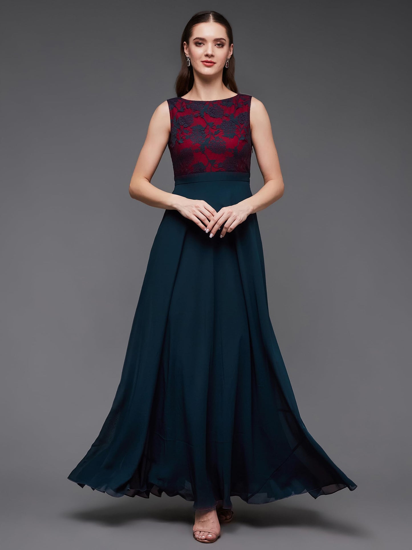 Miss Chase WomenS Round Neck Sleeveless Georgette Floral Lace Fit & Flare Maxi Dress Teal