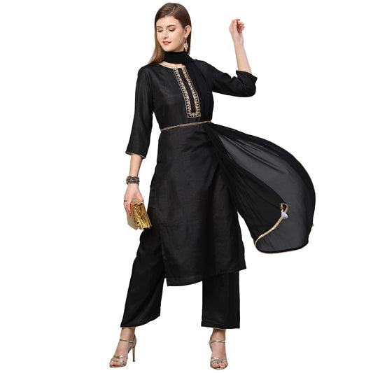 ANNI DESIGNER Women's Cotton Blend Straight Kurta with Palazzo & Dupatta (Dola)