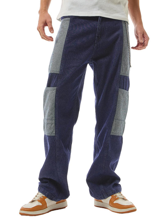 Bewakoof Mens Color Block Straight Fit Cotton Jeans_630902_Blue_32