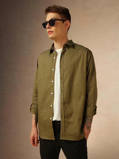 Dennis Lingo MenS Lt Olive Full Sleeve Spread Collar Solid Regular Fit Casual Shirt
