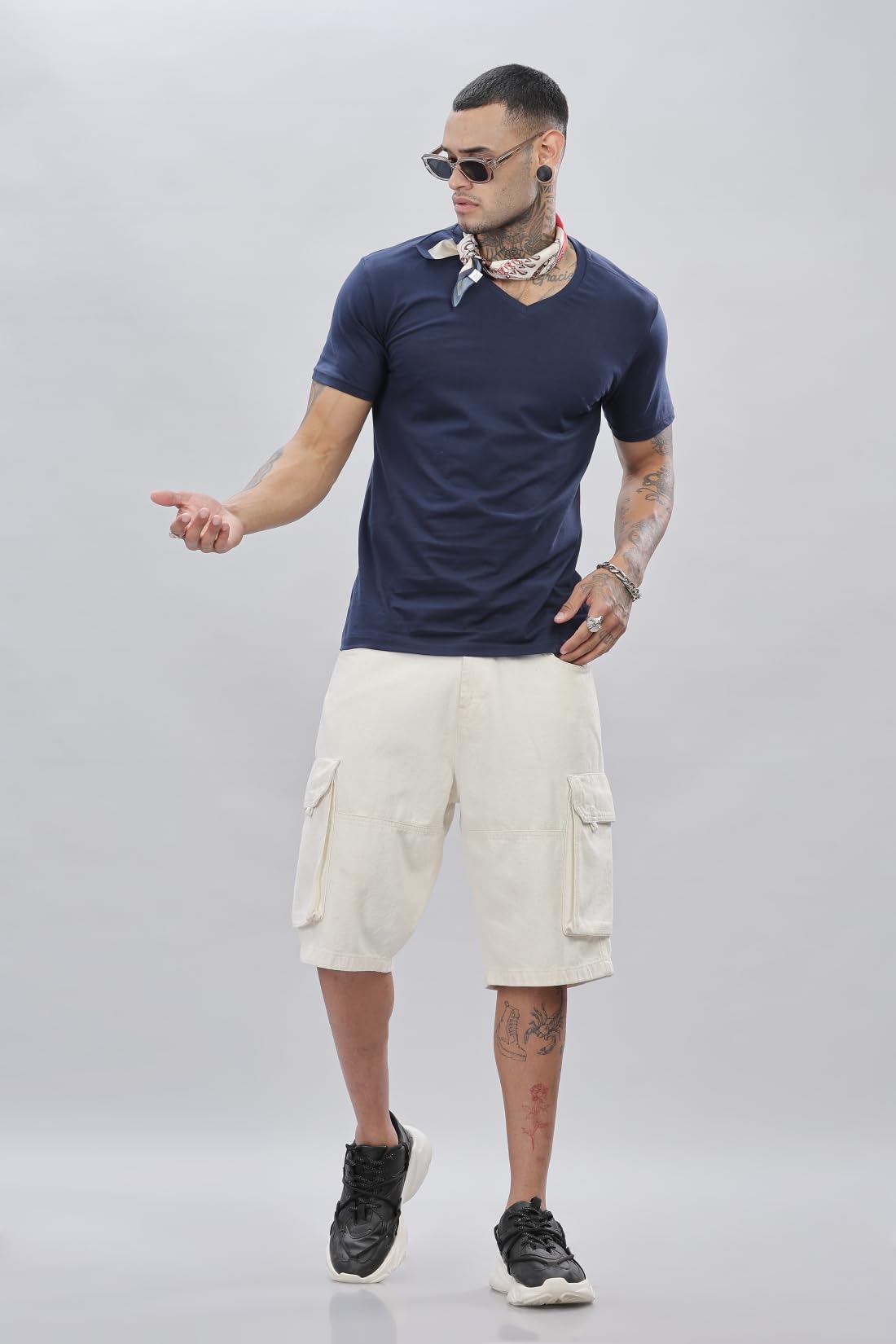 ADRO Men's V Neck Solid Cotton T-Shirt (VN-M-PLN-NB_Navy)