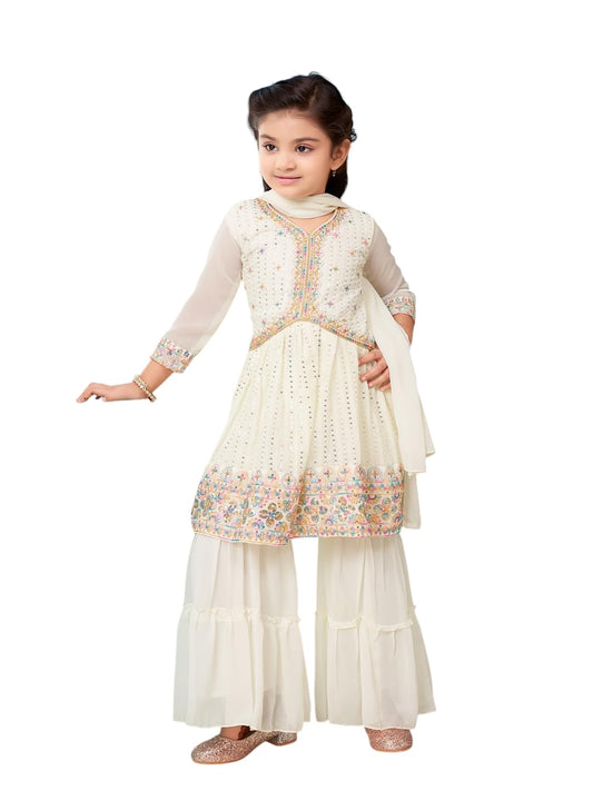 Aarika Girls Polyester Kurti Sharara Set (SH-18032_Cream