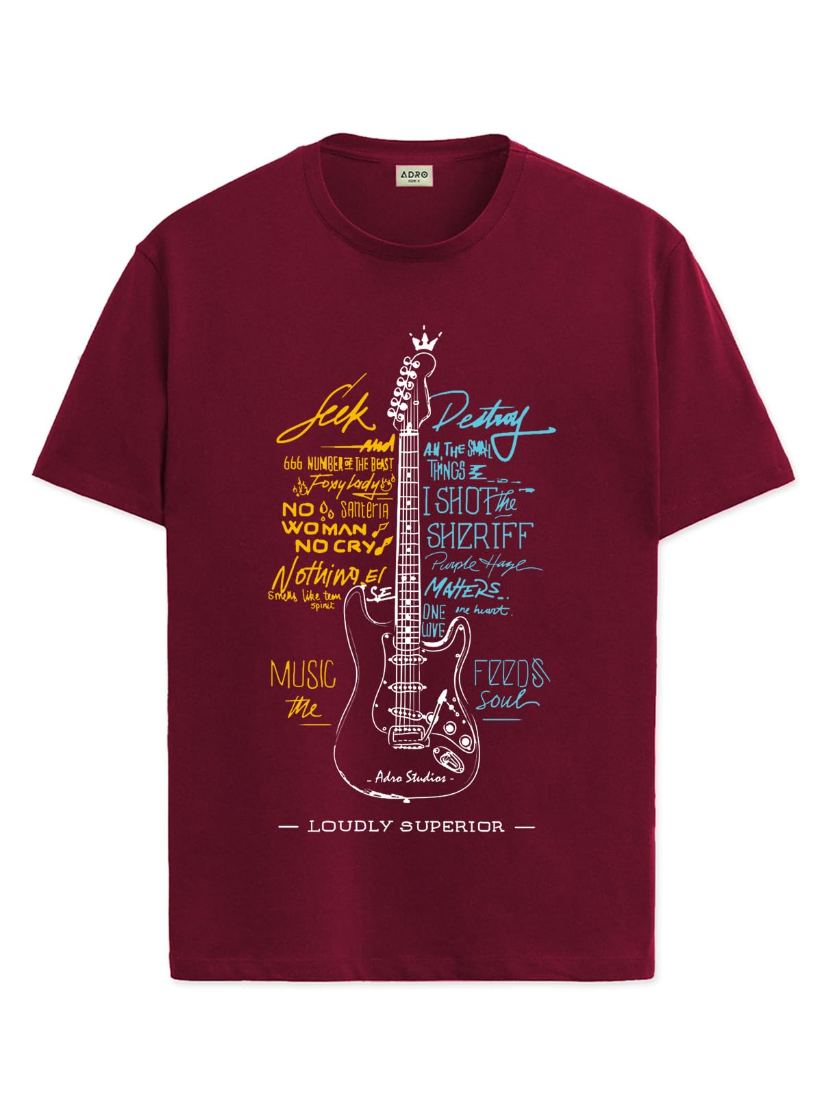ADRO Guitar Design Printed T-Shirt for Men - 100% Cotton, Regular Fit, Soft Breathable Fabric | RN23-M-GTR-MR