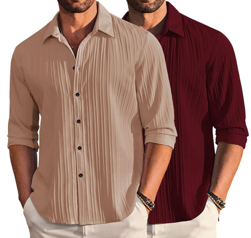 Deelmo Combo Of MenS Casual Button Down Shirts Long Sleeve Linen Shirt Fashion Textured Summer Shirts Pack Of 2
