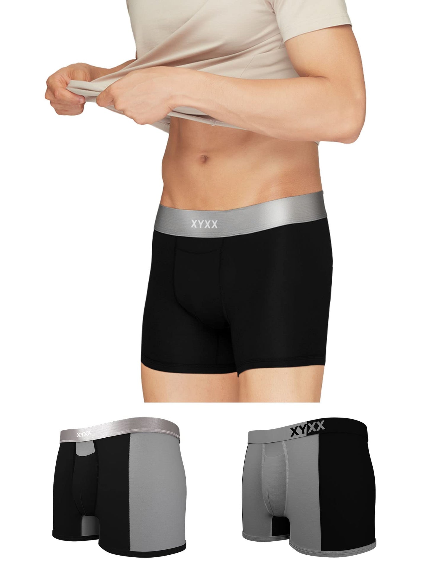 XYXX Mens Underwear Dualist IntelliSoft Antimicrobial Micro Modal Trunk Pack of 3 (Black & Steel Grey ; Black ; Steel Grey & Bl